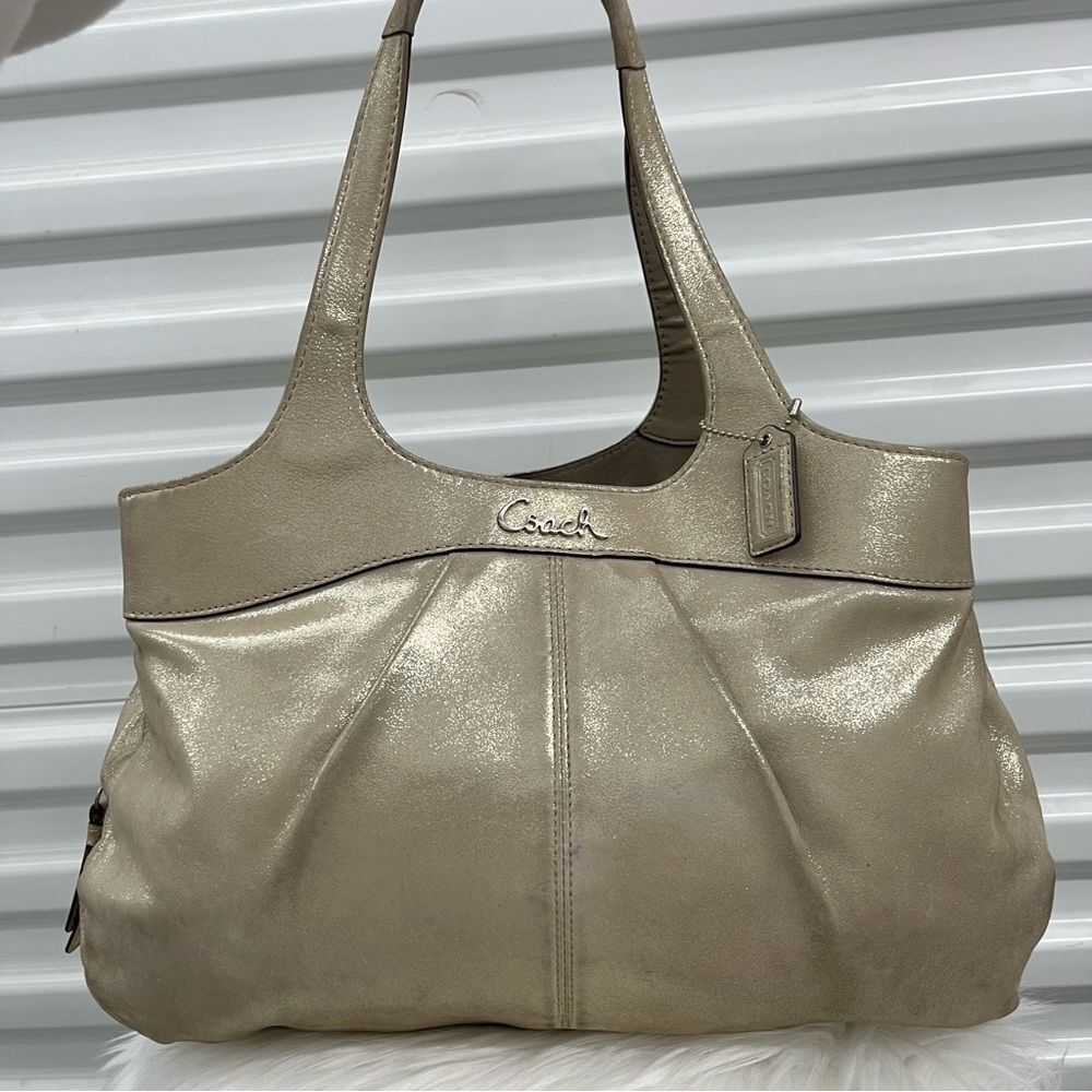 • COACH Shimmer Champagne Leather Carryall Tote Gallery Shoulder Bag - Picture 6 of 13